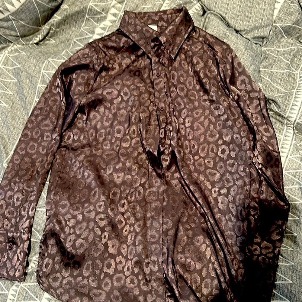 Purple leopard patterned satiny button up blouse
